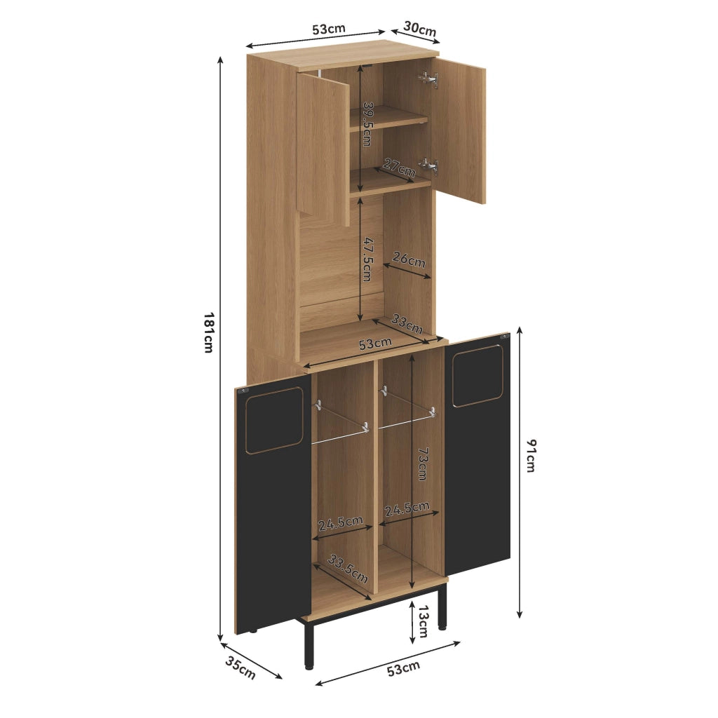 Colonna da cucina con vani aperti e ripiani regolabili per microonde in MDF effetto rovere e nero 53 × 35 × 181 cm