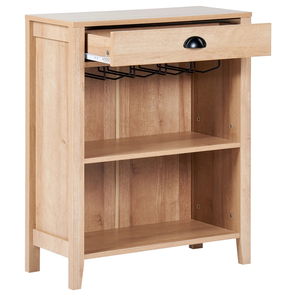 Credenza con cassetto 2 ripiani e porta bicchieri in vetro legno chiaro stile moderno soggiorno