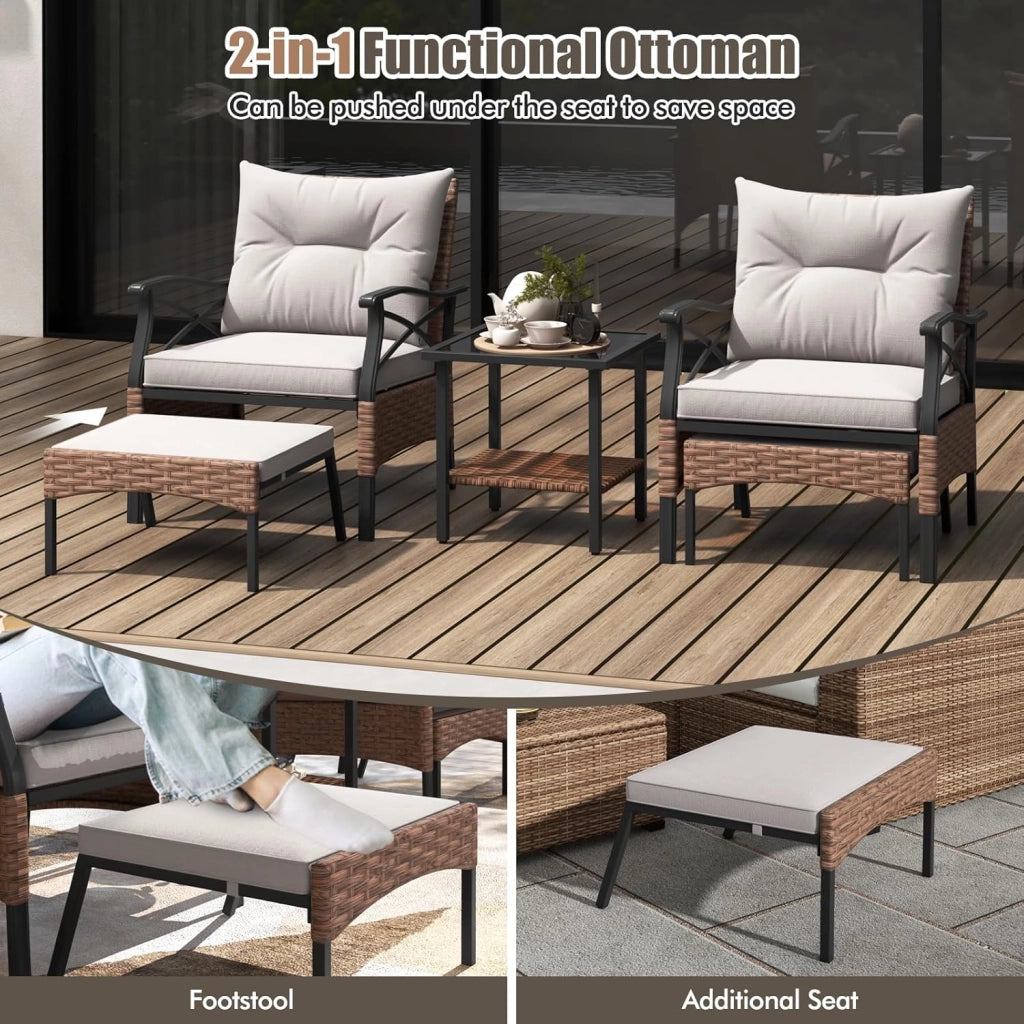 Set di mobili da giardino in rattan, per balconi, balconi, terrazze, 2 poltrone con sgabello, con cuscino, set di mobili da balcone per 2 persone (Marrone)