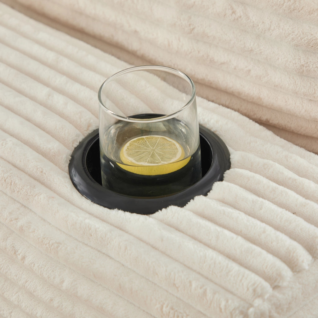 Divano modulare con pouf 256x161x75 cm con cuscini e tasche laterali in velluto a coste beige