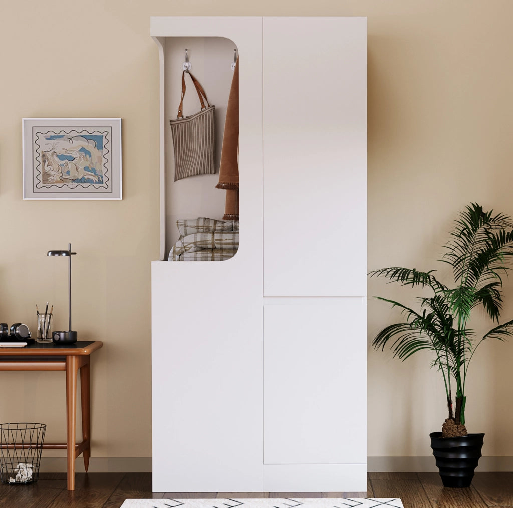 Armadio singolo 70x40x170 cm con cassetti e vano appendiabiti aperto, colore bianco
