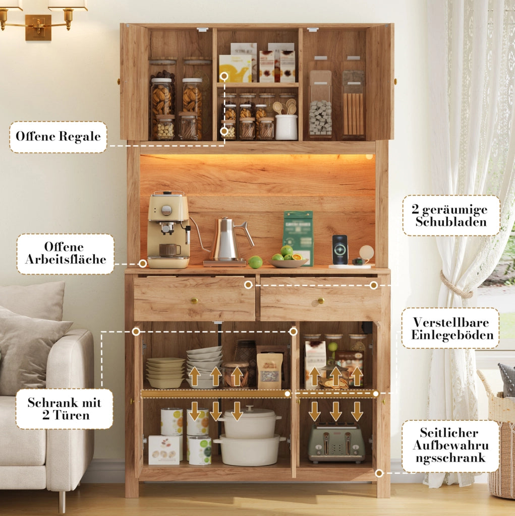 Credenza cucina alta 100x40x180 cm in MDF naturale con LED; prese e 2 cassetti