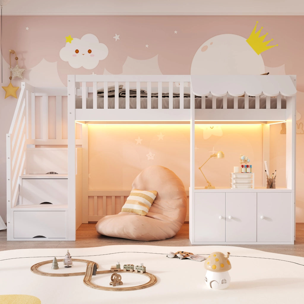 Letto a soppalco 90 × 200 cm con scala a 3 vani; armadio contenitore e LED multicolore in legno bianco