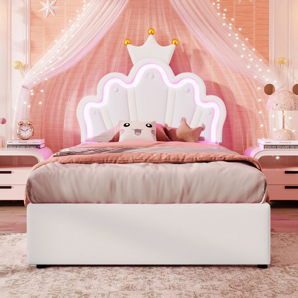 LETTO imbottito 90x200 cm PU bianco con testiera regolabile e 2 cassetti