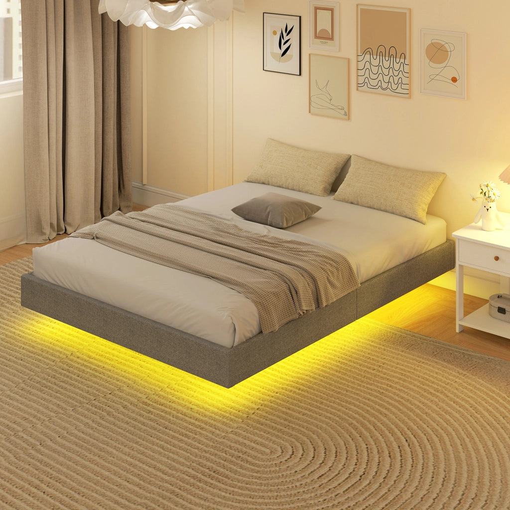 Letto Imbottito con Luci LED e Struttura in Legno ¨C Zephmum ¨C Grigio 140x190 cm
