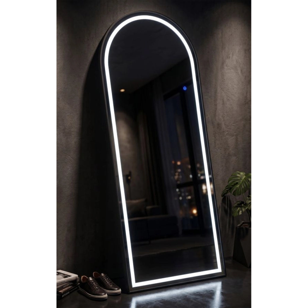 Specchio da terra ad arco con cornice nera e illuminazione LED
