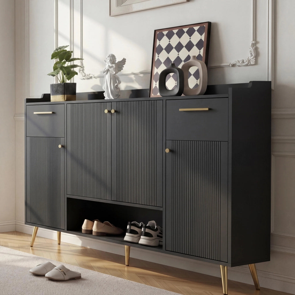Scarpiera con 2 Cassetti e 4 Ante ¨C MINIMAL ¨C Nero, Metallo, 130x37x100 cm