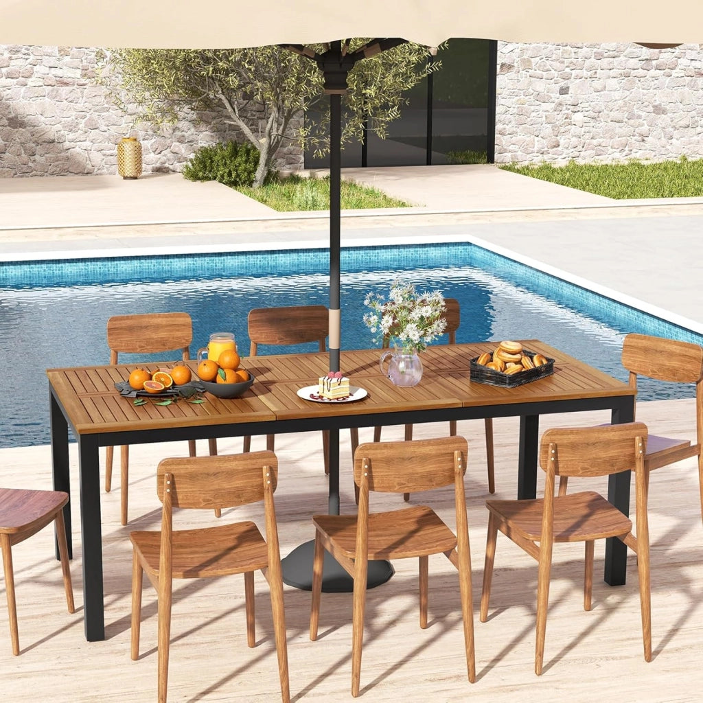 Tavolo da Pranzo a 8 Posti, Tavolo da Giardino 200 cm in Legno di Acacia, con Foro per Ombrellone da 5 cm, Gambe in Metallo, per Giardino, Cortile, Portata 75 kg (Modello 1)