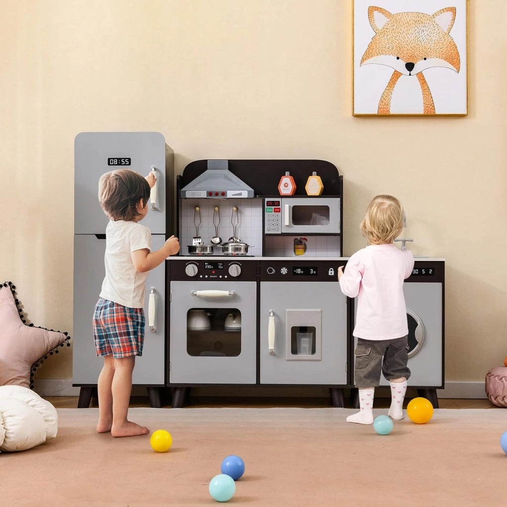 Cucina Giocattolo per Bambini, Cucina per Bambini con Frigorifero, Macchina del Ghiaccio, Lavatrice, Forno, Microonde, Lavello e Rubinetto, Con Luci e Suoni, per Bambini 3+ Anni (Marrone)
