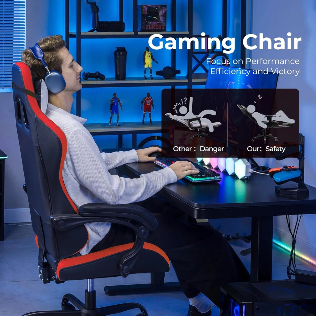 Sedia da Gaming Ufficio Ergonomica, Sedia da Gioco con Poggiatesta e Supporto Lombare Regolabili, Poltrona da Gaming, Rossa