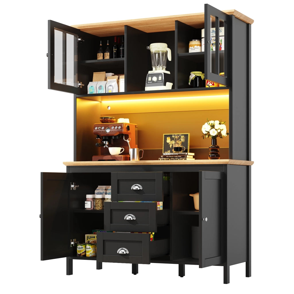 Credenza Alta da Cucina con 4 Ante; 3 Cassetti; 1 Vano Aperto e LED USB; in MDF e Metallo; 120 x 40 x 179 cm; Nero