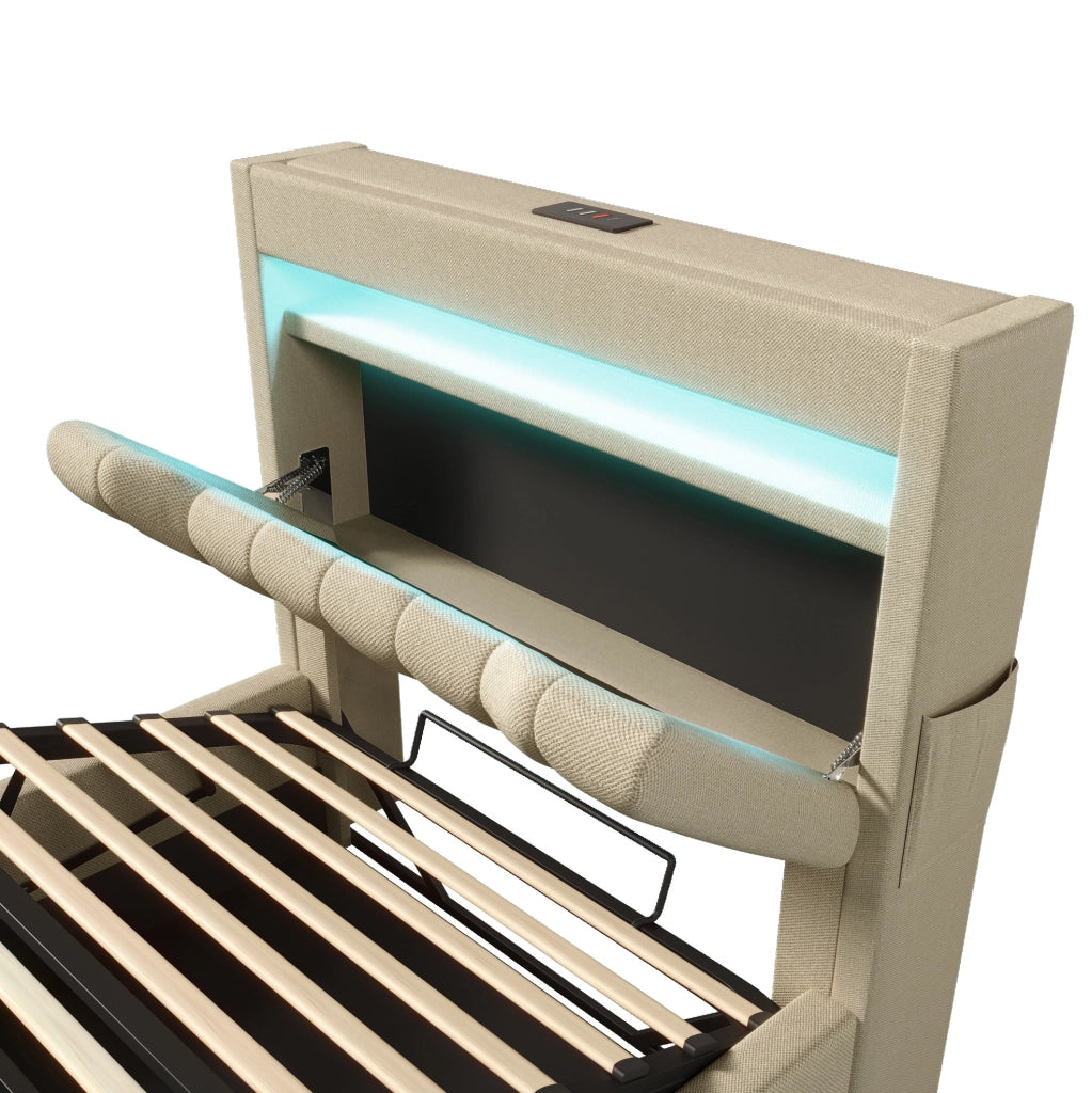 Letto singolo imbottito 90x200 cm con contenitore idraulico; LED; USB e Type-C; lino beige