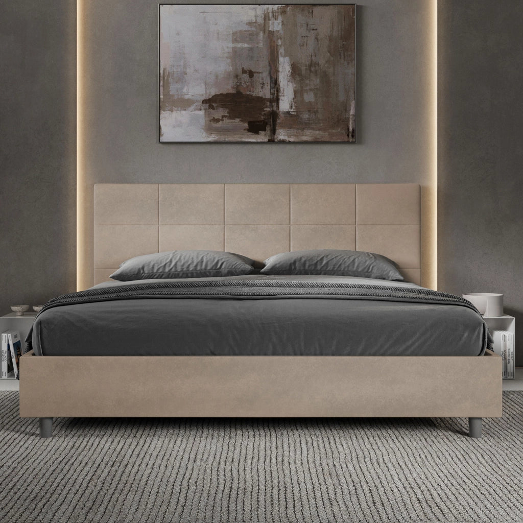 BS COM Letto matrimoniale king size con rete imbottito 190x210 microfibra sabbia