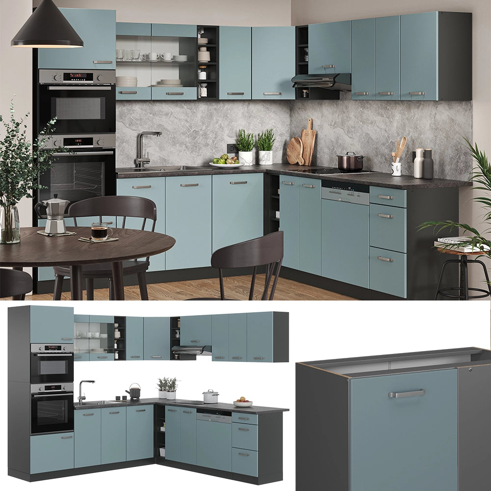 Vicco Cucina angolare completa Blu-grigio/antracite 237 x 60 cm senza piano di lavoro