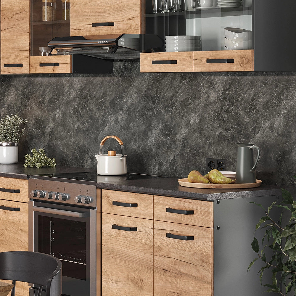 Vicco Cucina ad angolo Antracite/quercia dorata 267 x 167 cm , PL Fantasia nera con striscia LED