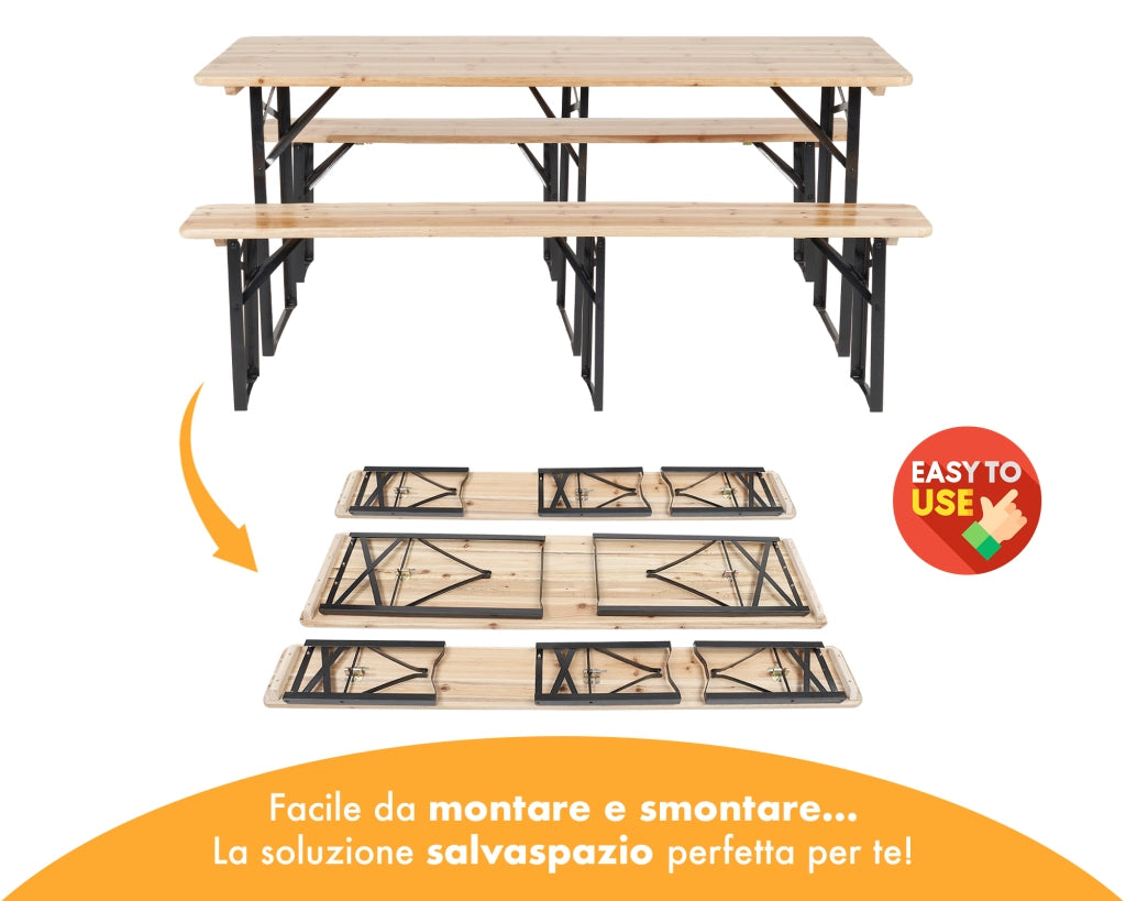 Set Birreria 220 x 70 Cm XXL 10 Posti 3 Pezzi 2 Panche 1 Tavolo Pieghevole Panca Da Feste Sagra Legno Abete Struttura Acciaio Richiudibile