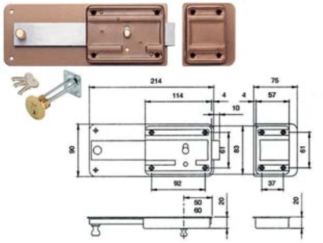Ferroglietto con catenaccio 5 mandate scrocco cilindro staccato 320 - mm.50 (320505) 2 pezzi Iseo