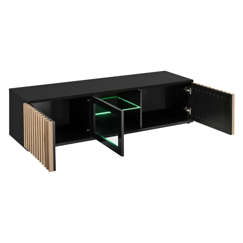 Mobile TV 160cm color quercia e nero collezione DEAN. Mobile design con 2 porte e 2 nicchie.