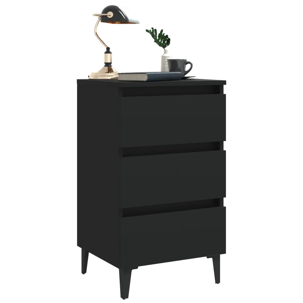 Comodino con Gambe in Metallo-Tavolino da notte Nero 40x35x69 cm