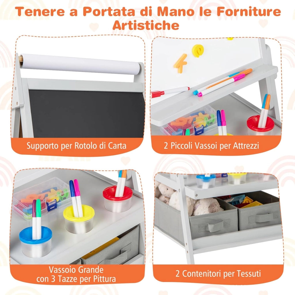 3 in 1 Cavalletto per Bambini, Cavalletto con Doppia Faccia Magnetica e Lavagna Bianca, Rotolo di Carta, 3 Bicchieri per Vernice e 2 Cestini in Tessuto, per Bambini 3-6 Anni (Grigio)