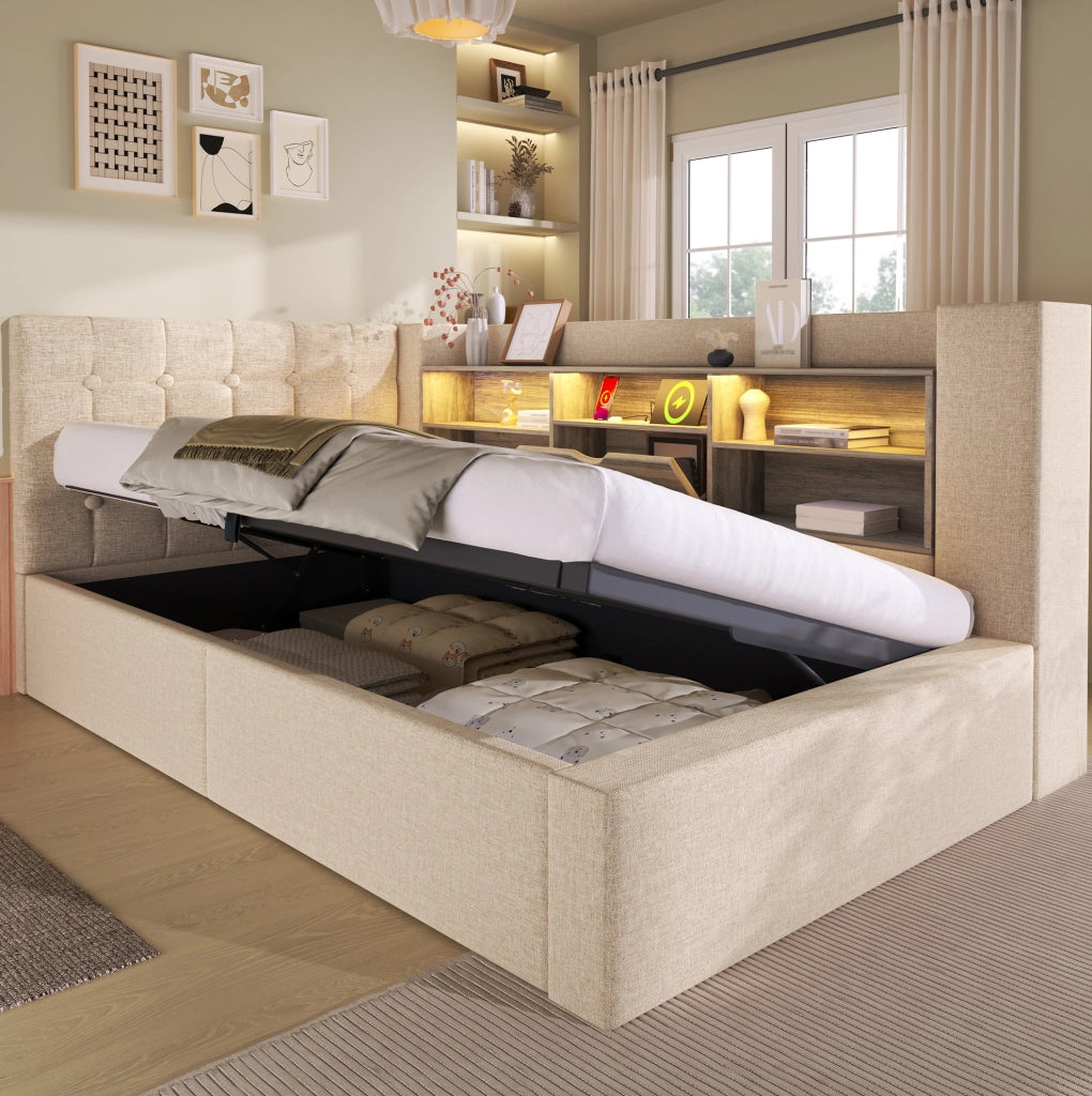 Letto singolo 90x190 cm in lino beige con LED; contenitore idraulico e testiera a L reversibile