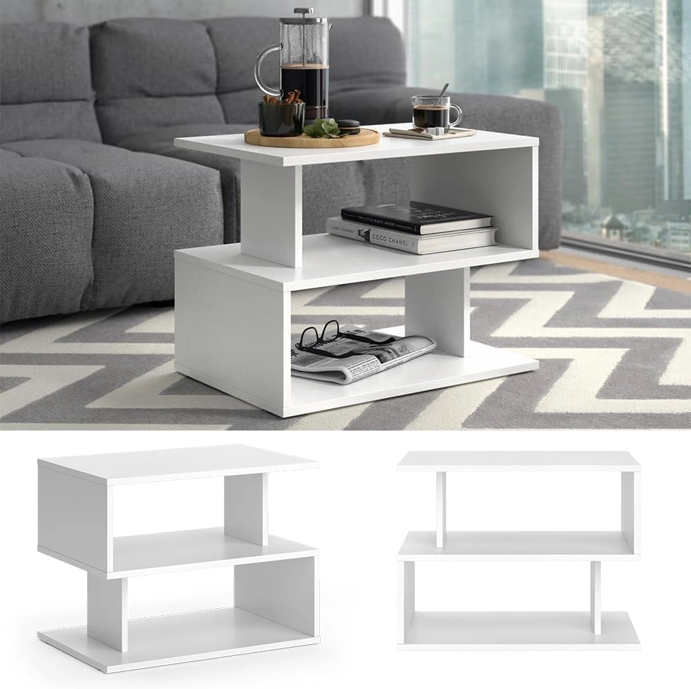 Tavolino da salotto Shelby, Bianco, 59 x 39 cm, per la conservazione di riviste e telecomandi