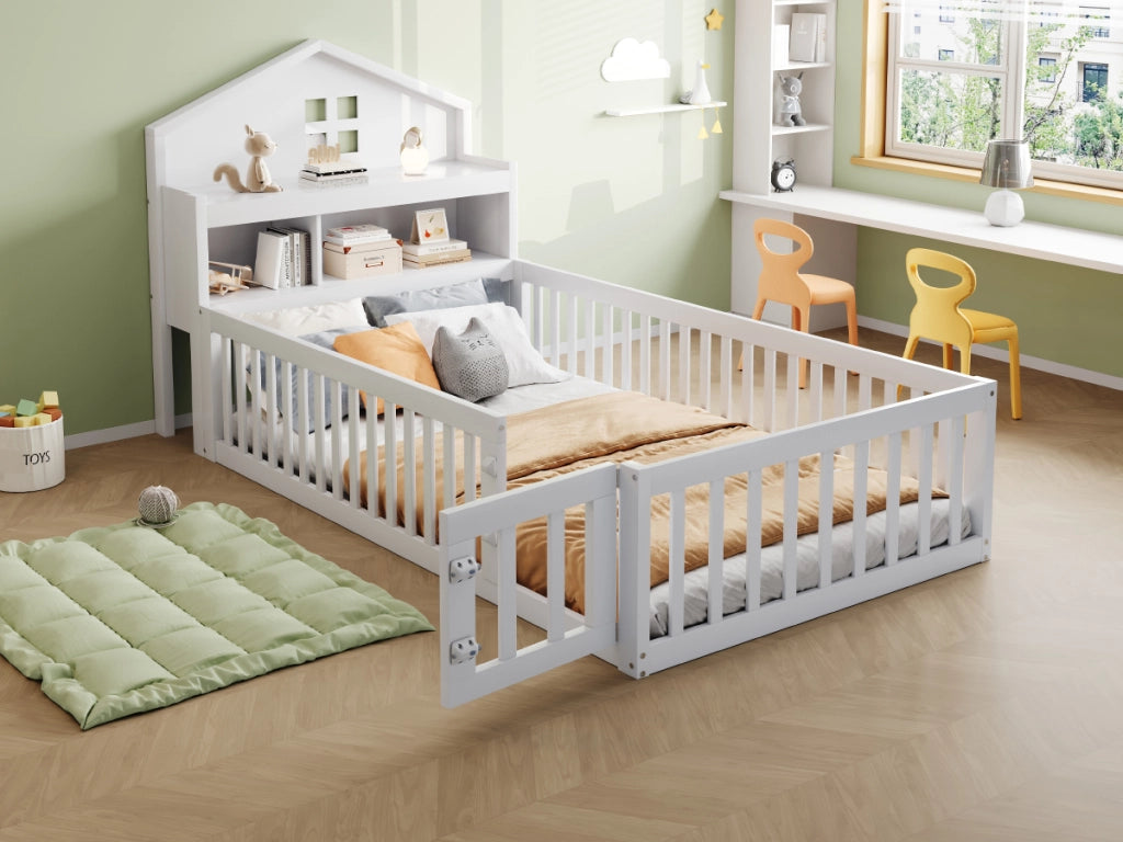 Letto a forma di casa bianco in legno massello con funzione contenitore e rete a doghe 90x200 cm