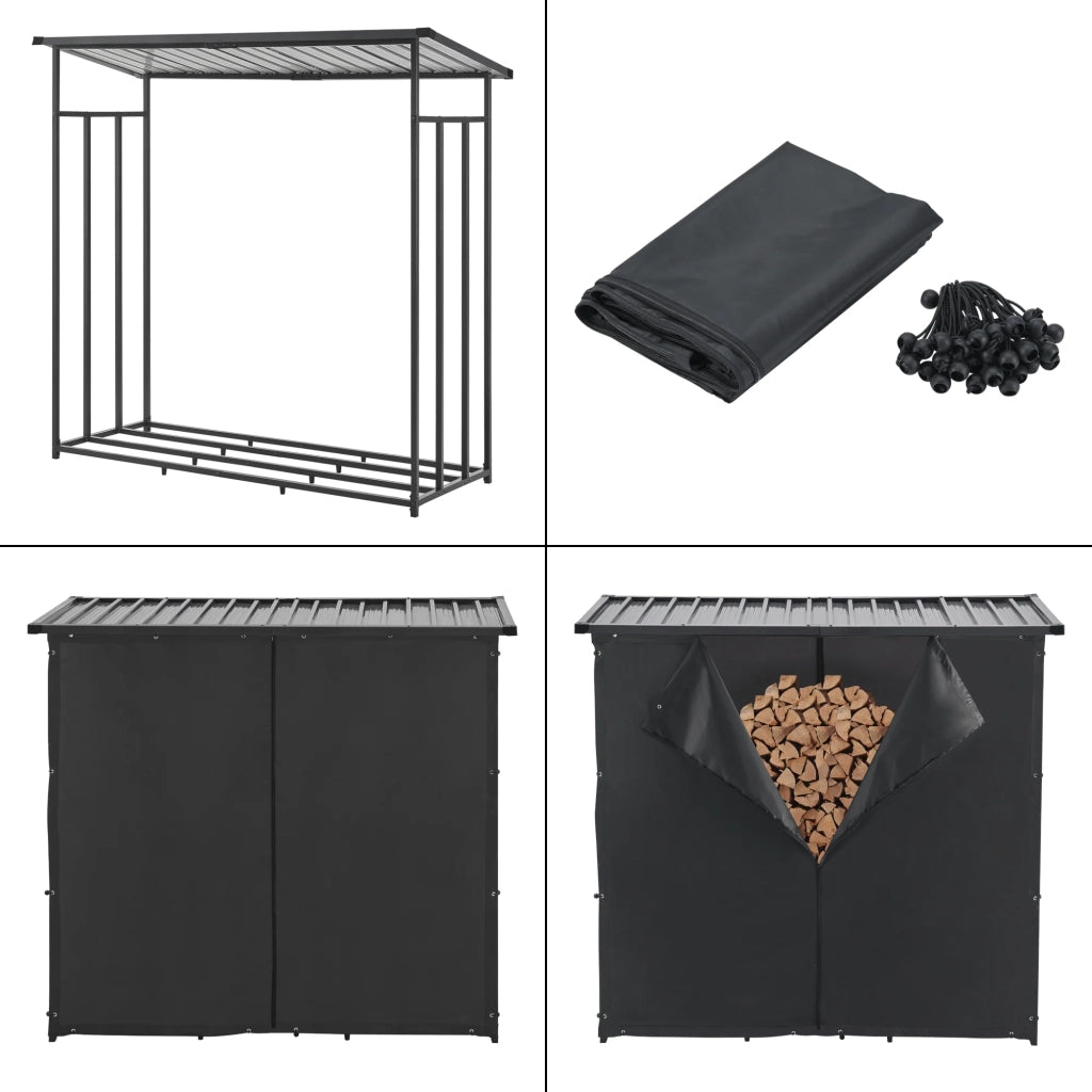 Deposito per legna casetta da giardino coperta con telo protettivo 185 x 180 x 70 cm rastrelliera per legna da ardere deposito per legna coperto acciaio nero 03_0008839