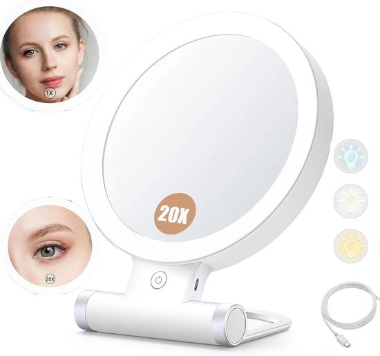 Vergrootspiegel con illuminazione, 20X/1X tavolo da trucco portatile con schermo tattile regolabile e illuminazione a tre colori.