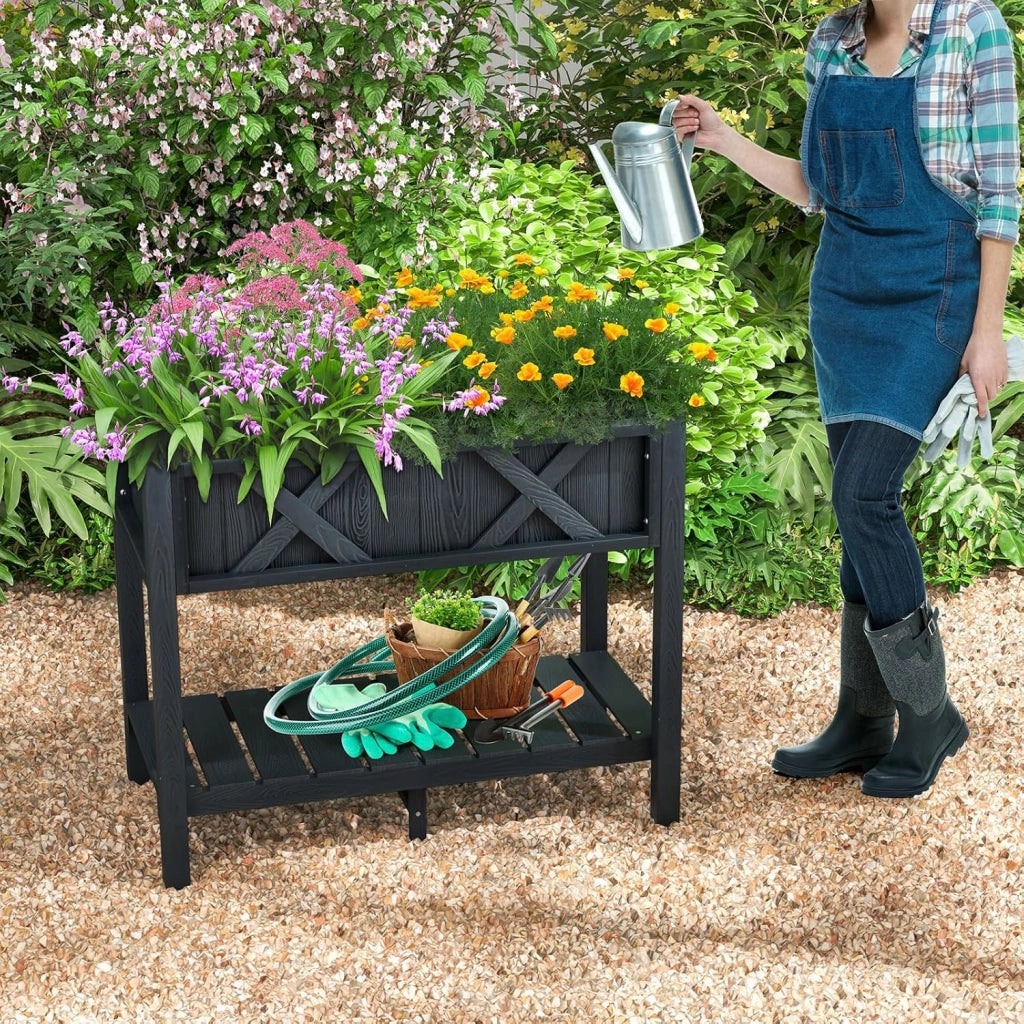 Fioriera Rialzata da Esterno, Letto da Giardino con Piano di Appoggio Impermeabile alle Intemperie e Fori di Drenaggio, Aiuola Rettangolare per Fiori, Erbe, Verdure e Frutta