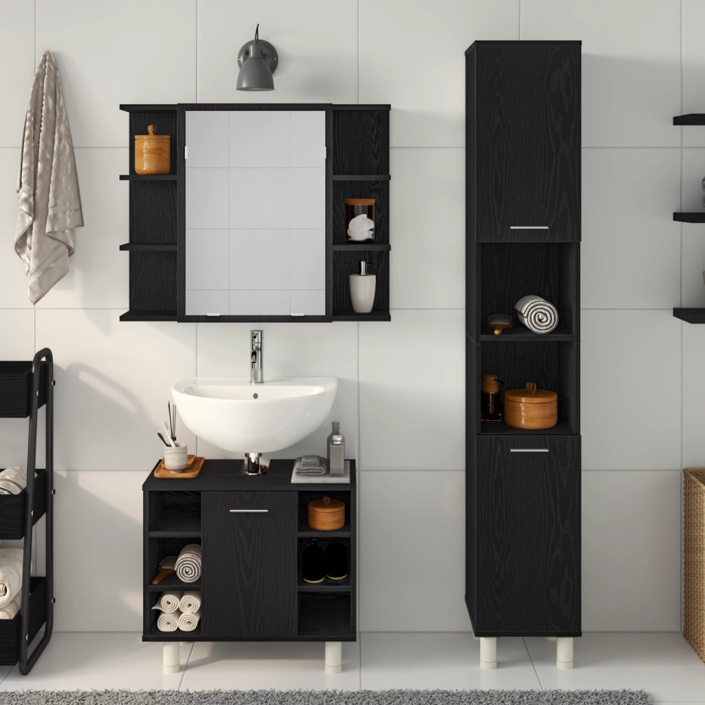 Set di Mobili per Bagno 3 Pezzi Rovere Nero Legno Ingegnerizzato