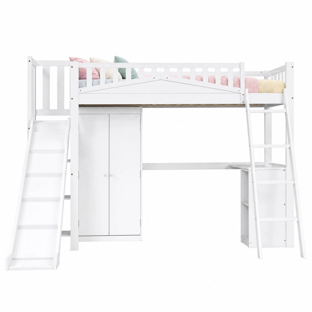 Letto a soppalco per bambini 90x200 cm bianco con scivolo, scrivania e armadio