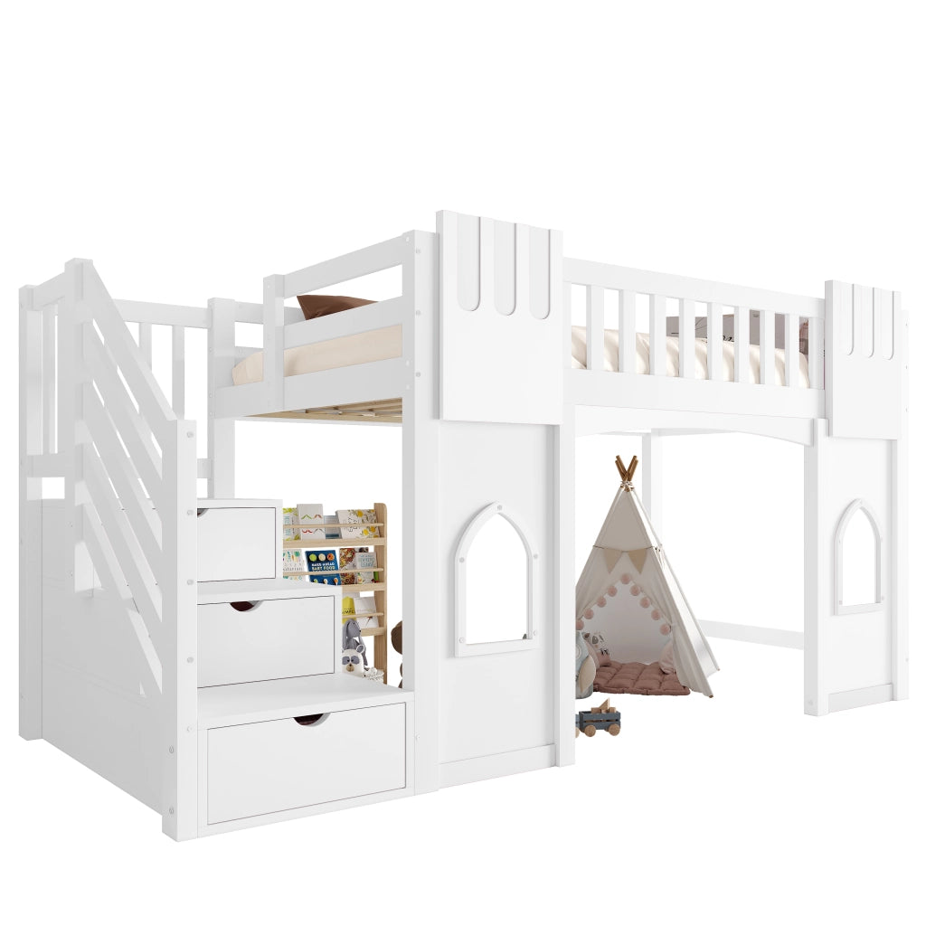 Letto a castello bianco con funzione contenitore e finestre in MDF e pino 90x200 cm