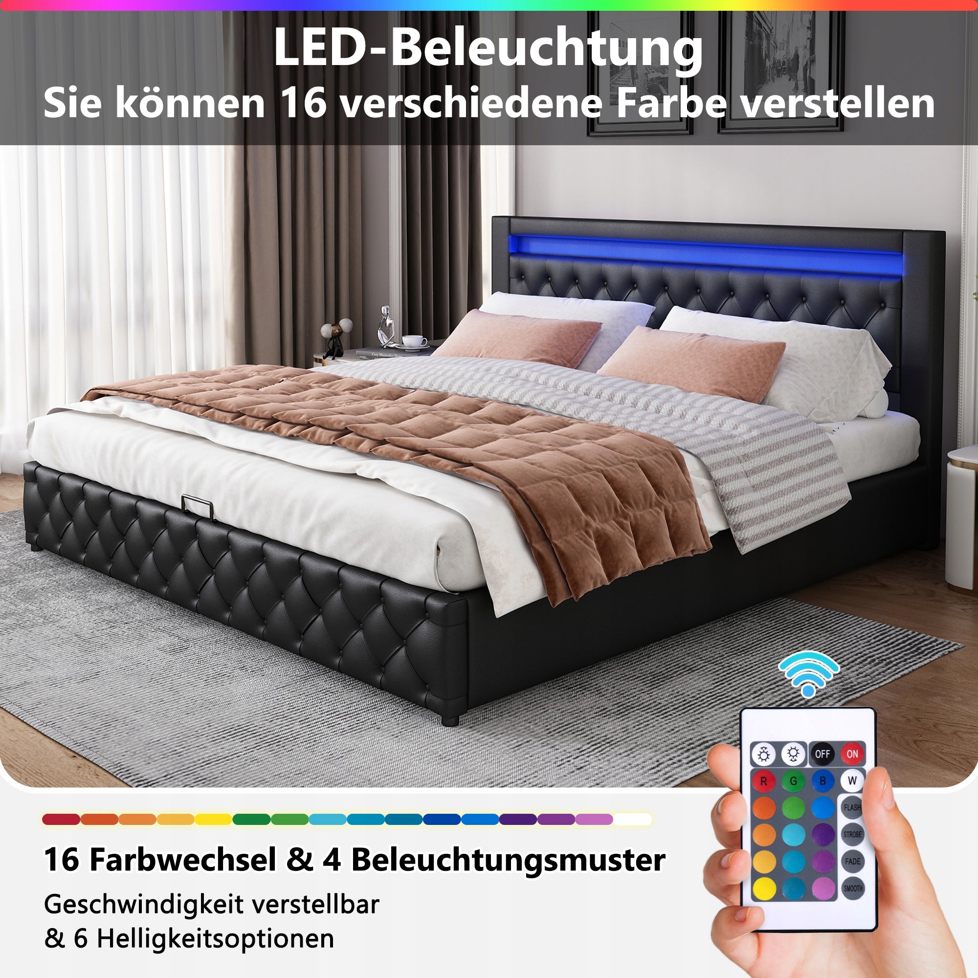 Letto 180x200cm con LED e ripostiglio - Xylo - PU, Colore Nero