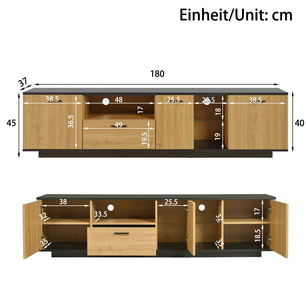Mobile TV con 3 Ante; 1 Cassetto; 2 Vani a Giorno e LED 16 Colori; MDF; Nero e Effetto Legno; 180??37??45 cm