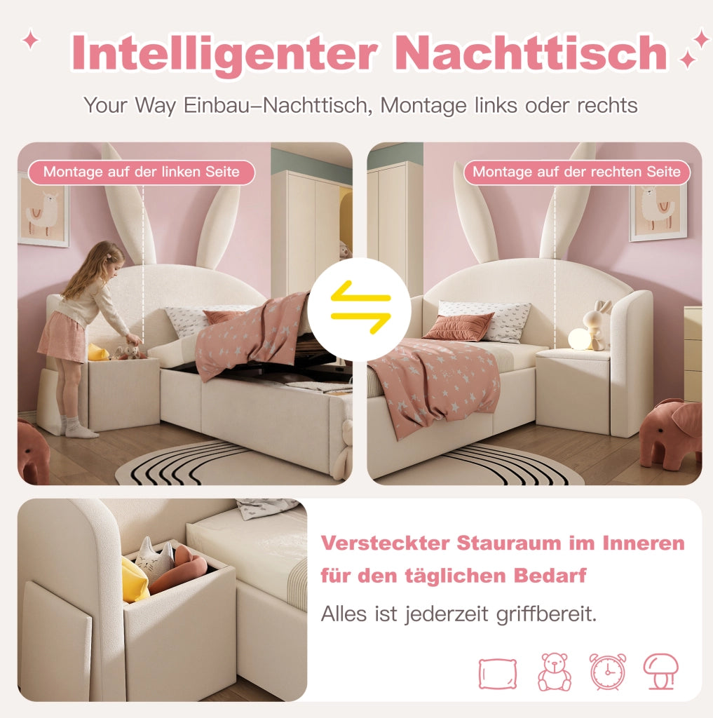 Letto singolo 90x200 con contenitore idraulico e comodino beige