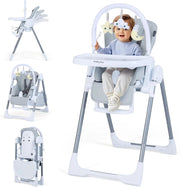 Seggiolone Pappa Portatile, con Altezza Regolabile, Schienale Reclinabile e Vassoio Rimovibile, Seggiolone Evolutivo Pieghevole con Cintura e 2 Ruote, per Bambini 6-36 Mesi (Grigio Chiaro)