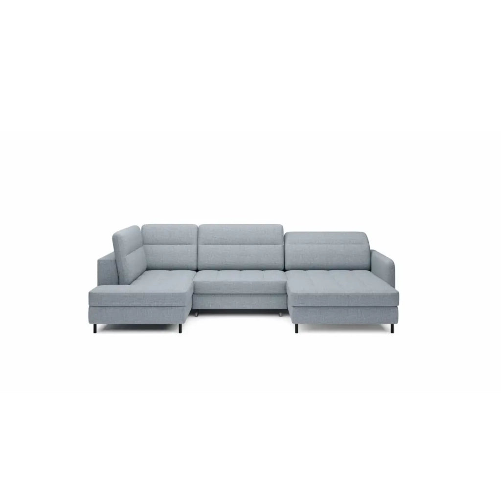 Divano angolare trasformabile BERTHO 306 cm blu grigio effetto melange – Angolo destro con contenitore