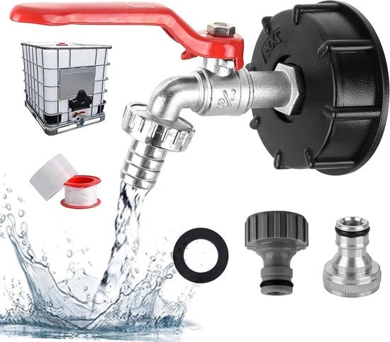 Adattatore di gomma per contenitore IBC 1000L con valvola 1/2 pollici - Slanga per giardino - Valvola per contenitore acqua - Connettore per contenitore acqua - Sostituzione per contenitori IBC per l'acqua di pioggia - S60 x 6 - Accessori
