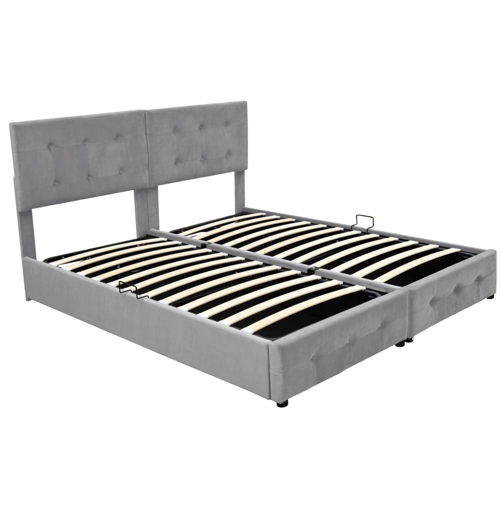 Letto imbottito 180x200 cm grigio in velluto con contenitore idraulico