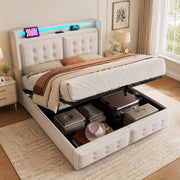 LETTO Contenitore 160x200 cm Beige in Cotone e Metallo con LED e prese USB