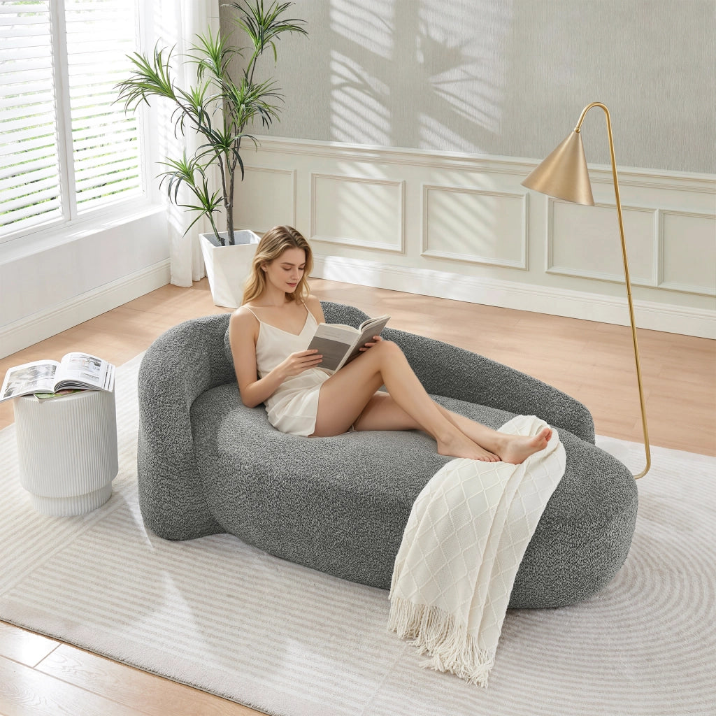 Divano in tessuto teddy con schienale arrotondato e cuscino in schiuma elastica per soggiorno e studio, grigio scuro