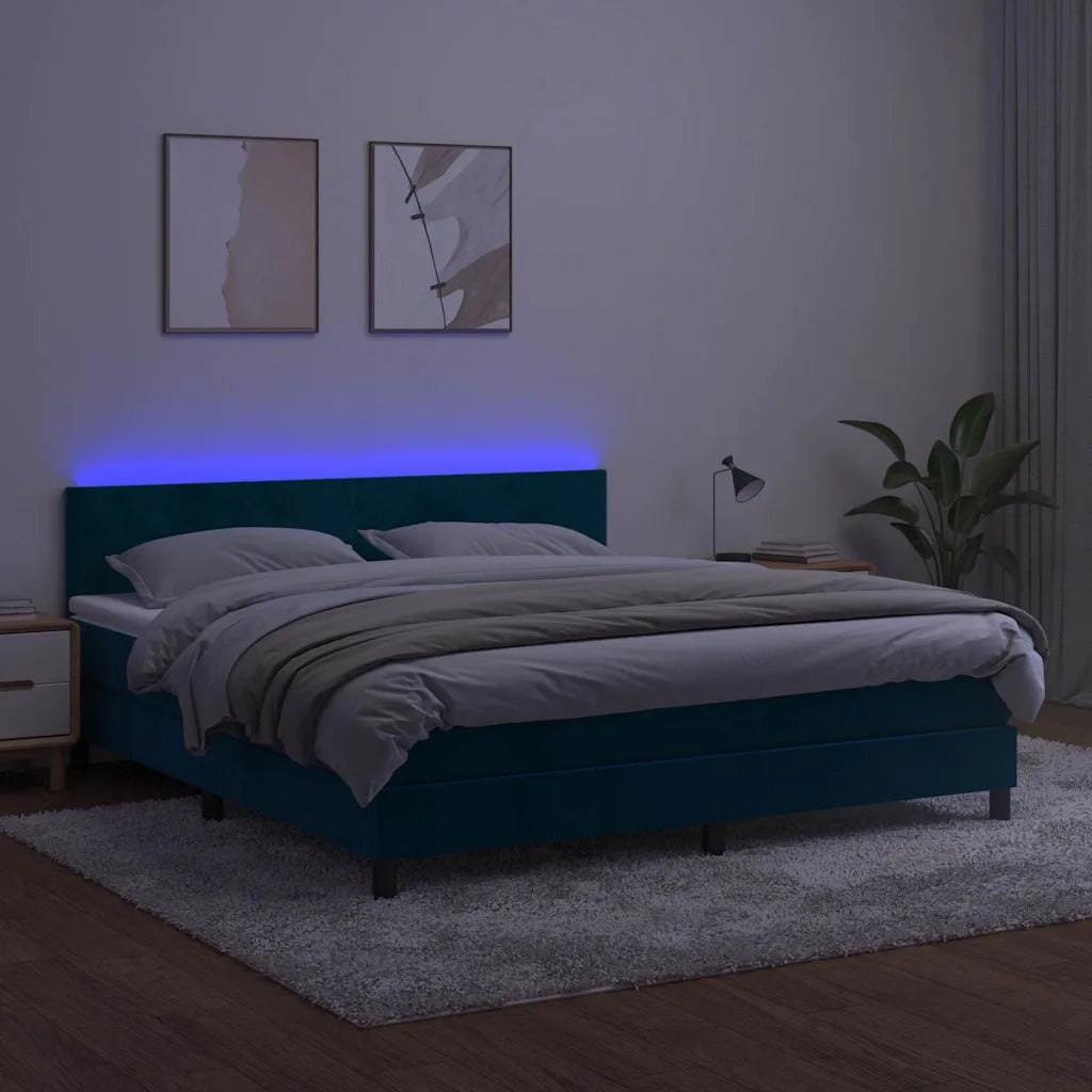 Letto a Molle con Materasso e LED Blu Scuro 160x200 cm