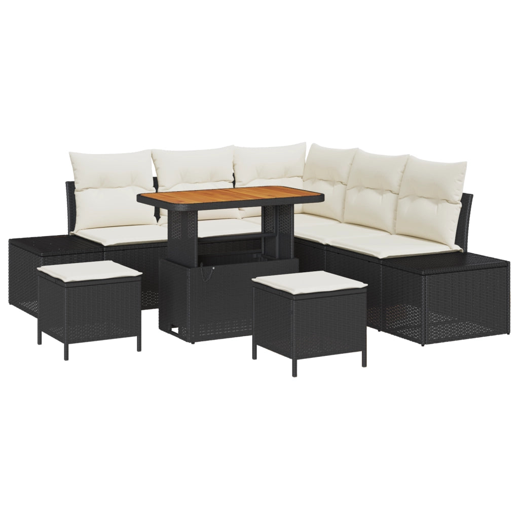 Set di Divano da Giardino 8 Pezzi con Cuscini Nero Poly Rattan Acacia