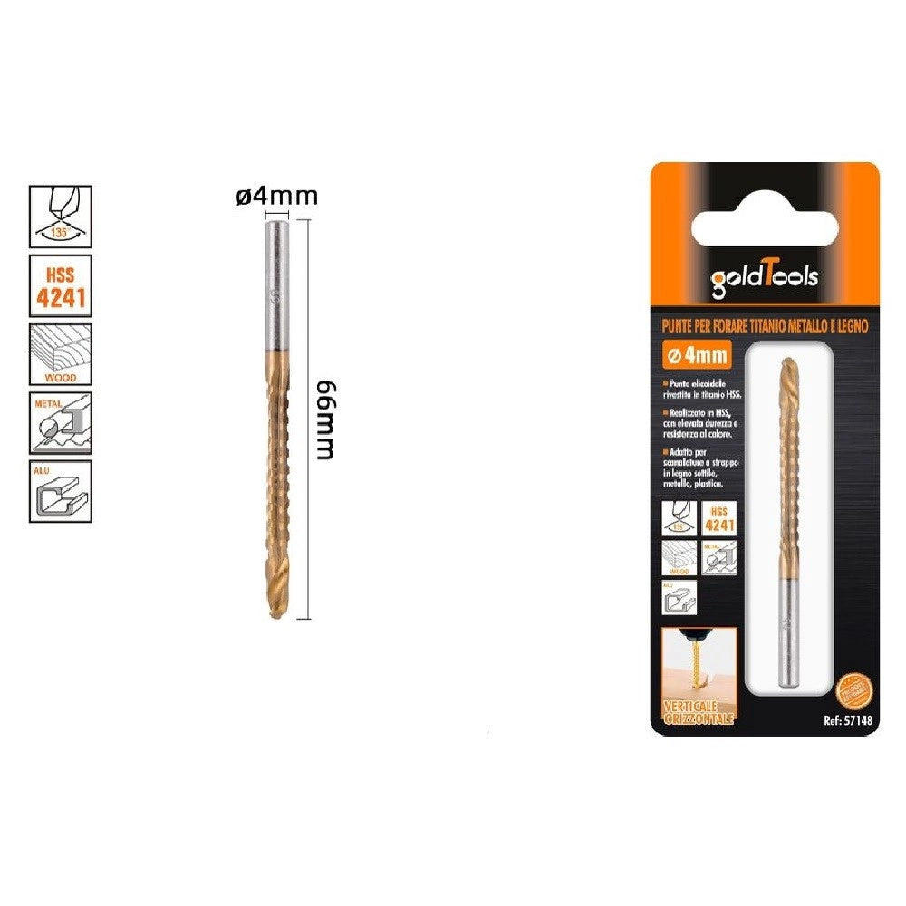 Trade Shop - Punta Trapano Elicoidale ø4mm X 60mm In Titanio Hss 4241 Per Metallo Legno 57148 -