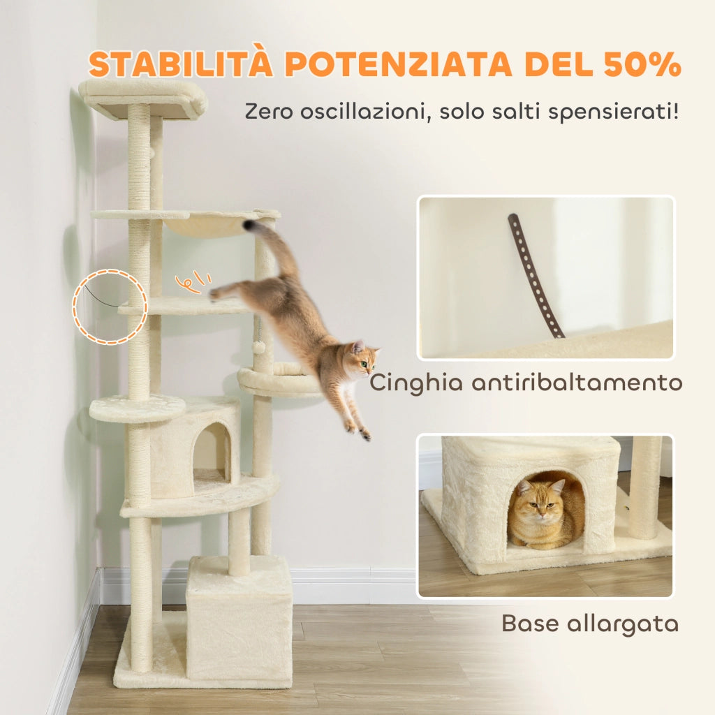 Albero Tiragraffi per Gatti Alto 200 cm Multilivello con Casette Lettini e Amaca in Peluche Beige