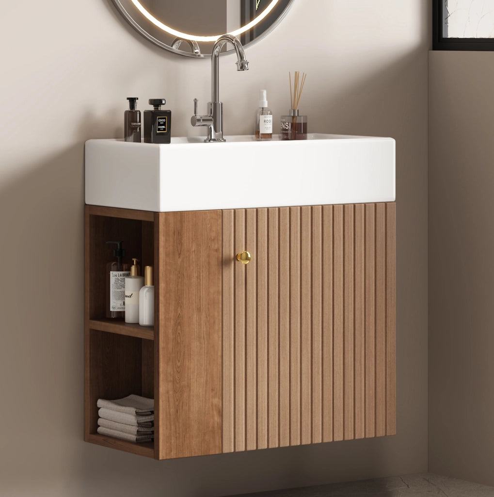 Mobile bagno ULEVR con lavabo in ceramica, vano contenitore e ripiani laterali, marrone