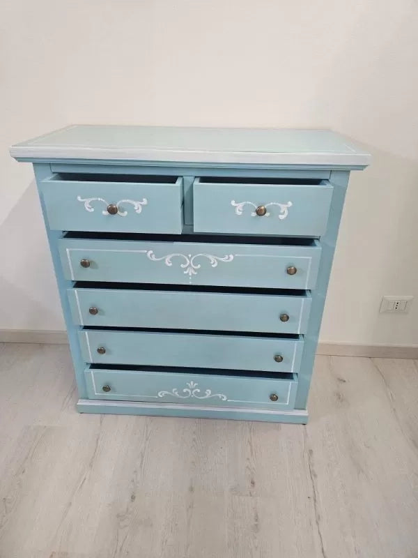 Cassettiera 6 cassetti in legno shabby azzurro anticato decorato 86x40x96 - Mobili 2G