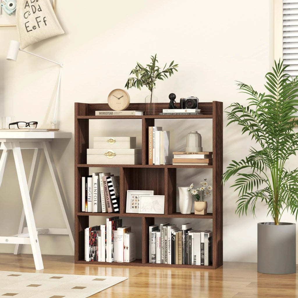 Libreria a cubi aperti con 7 scomparti, Mensola espositiva per l'archiviazione in legno per studio soggiorno Noce-Librerie