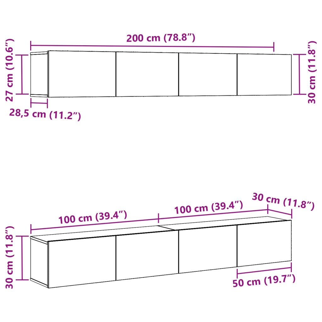 Set di mobili per TV a parete in 4 pezzi di  in legno ingegnerizzato nero rovere